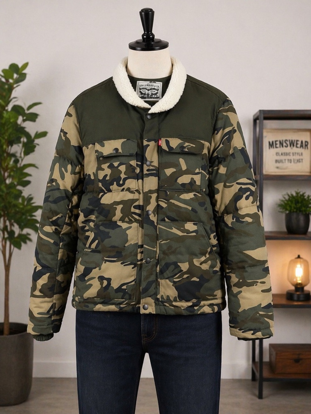 Levi's Men's Green Camo Sherpa-Collar Puffer Jacket